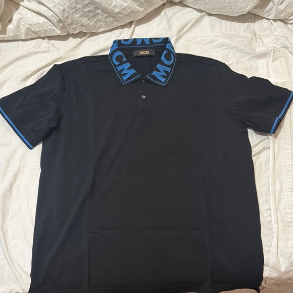 MCM Black and Blue Polo Shirt with Checkered Collar - Picture 1 of 1
